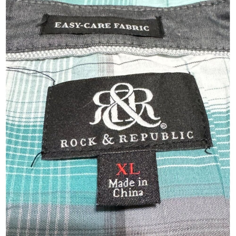 Rock & Republic Plaid Shirt Sz XL Long Sleeve Green White Roll Tab Sleeves Mens - Picture 3 of 5